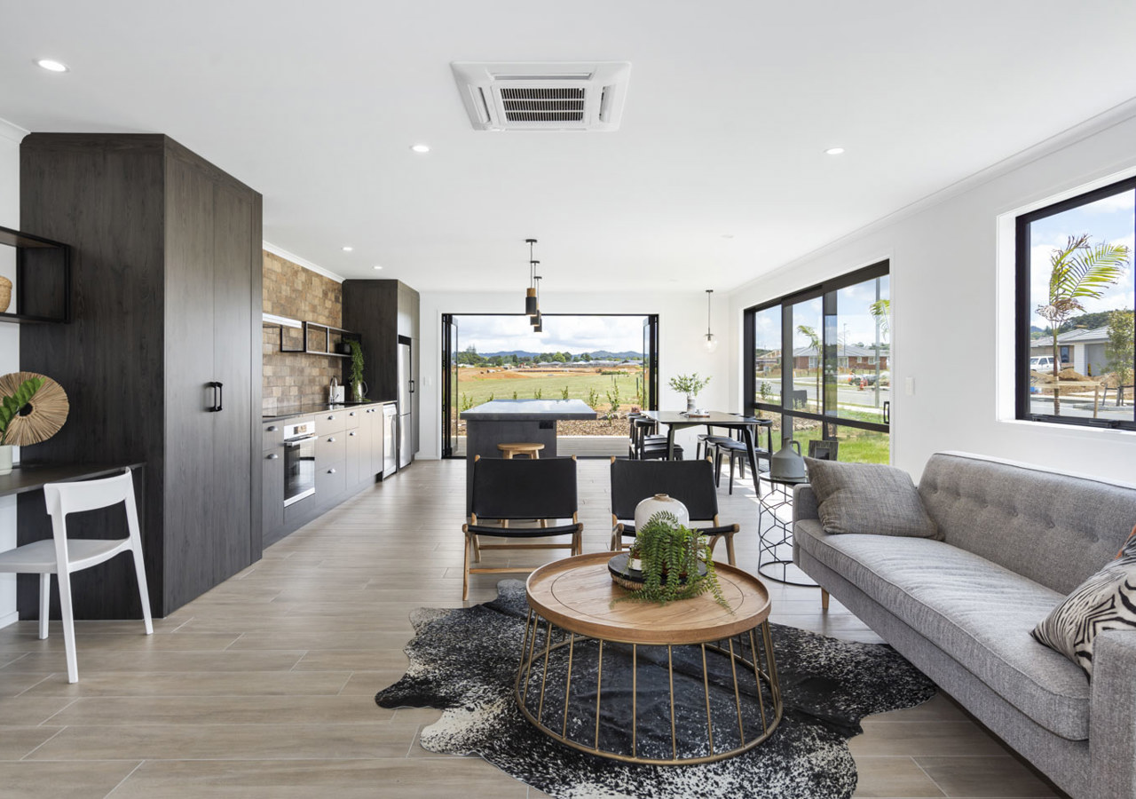 Open plan kitchen living and dining area in the Classic Builders Whangarei Showhome